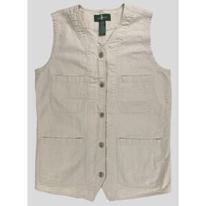 VTG Hunt Club Women M Vest Top Petite Beige Button Collar Linen Cotton France